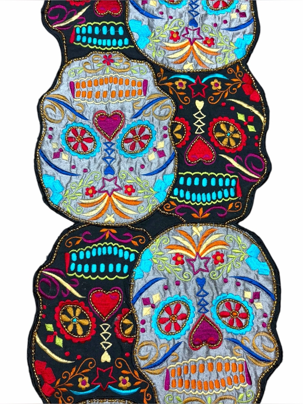 Beaded Embroidered Day of the Dead Sugar Skull Table Runner Halloween